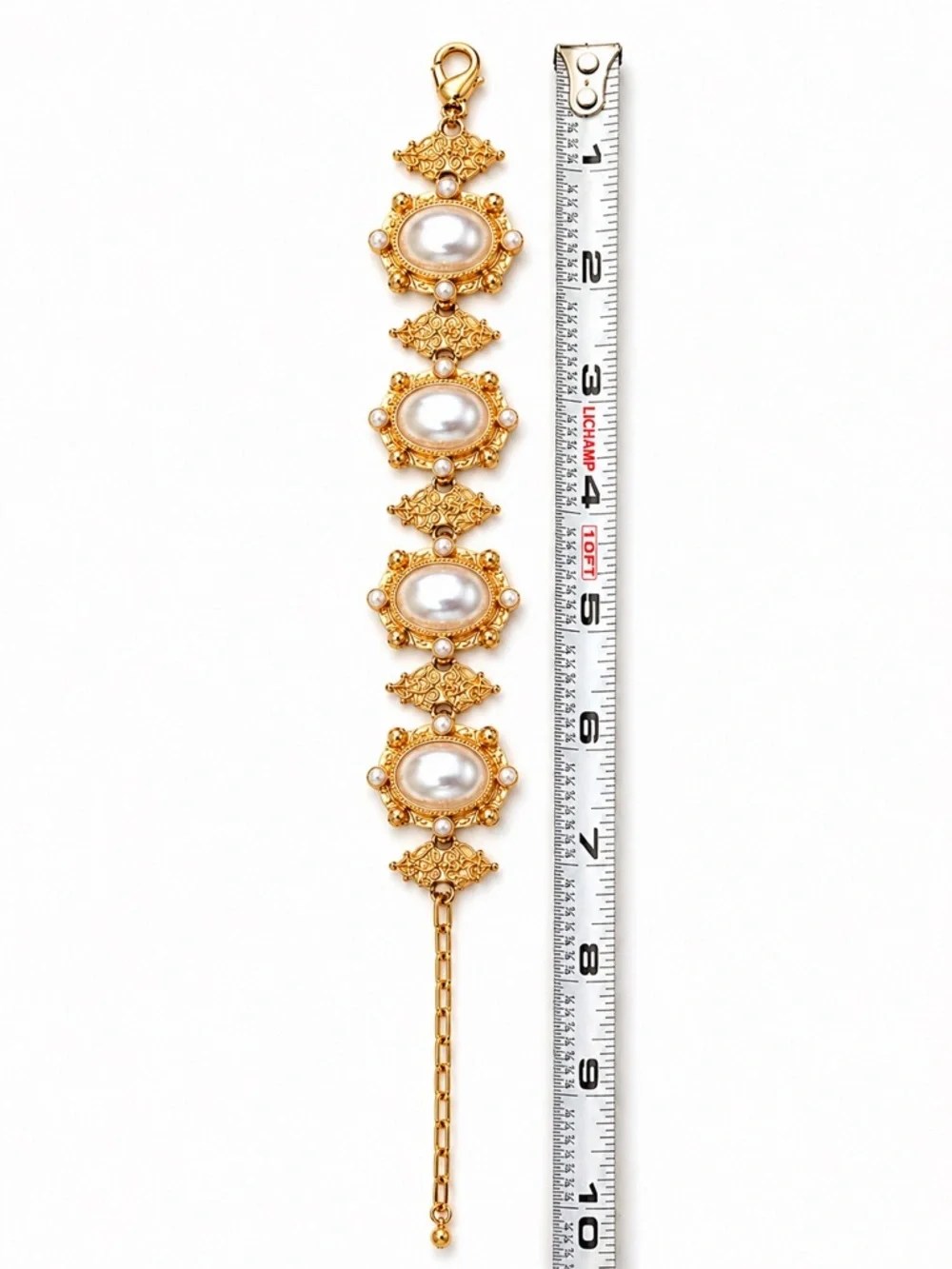 Vintage Monet Gold Tone Faux Pearl Bracelet Signed Statement 7-10